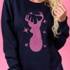 Black Christmas Elk Glitter Graphic Print Pullover Sweatshirt