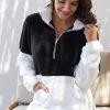 Black White Zip Neck Oversize Fluffy Fleece Pullover