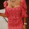 Red Daisy Print Square Neck Puff Sleeve Mini Dress