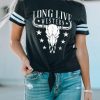 Black Long Live Western Graphic Print Striped Sleeve Tee