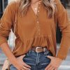 Brown Waffle Knit Half Button Henley Top