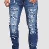 Sky Blue Stars Print And Patched Destroyed Jeans For Men