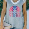 Gray Floral Lace Shoulders Good Vibes Graphic Tee