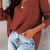 Red Waffle Knit Splicing Buttons Long Sleeve Top