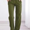 Green Drawstring Elastic Waist Pockets Long Straight Legs Pants