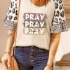 Khaki Pray Brushstroke Print Mixed Leopard Sleeve Waffle Knit Top