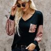 Sequin Splicing V Neck Bishop Sleeves Top