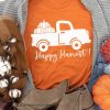 Orange Happy Harvest Pumpkin Truck Print Graphic T Shirt