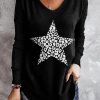 Black Leopard Star Print V Neck Long Sleeve Top