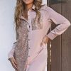 Khaki Sequin Splicing Pocket Buttoned Shirt Dress