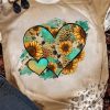 Khaki Western Sunflower Leopard Heart Print Crew Neck T Shirt