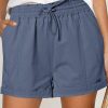 Blue Elastic Waist Drawstring Roll Hem Shorts