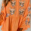 Orange Kimono Sleeves Embroidered Top