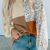 Khaki Leopard Patchwork Color Block Ribbed Long Sleeve Top