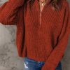 Red Zipped Turtleneck Drop Shoulder Knit Sweater