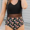 Black Floral Print Mesh Splicing One Piece Swimsuit