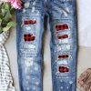 Sky Blue Buffalo Plaid Patch Christmas Snowflake Distressed Straight Jeans