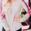 Khaki Checkered Leopard Raglan Sleeve Top