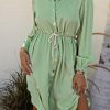 Green Solid Button Front Drawstring Shirt Dress