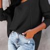 Black Waffle Knit Splicing Buttons Long Sleeve Top