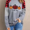 Gray Fall Cute Pumpkin Graphic Plaid Striped Long Sleeve Top