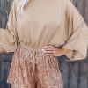 Khaki Sequin Patchwork Drawstring High Waist Romper