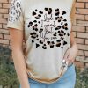 Khaki Letter Leopard Bleached Print Short Sleeve T Shirt