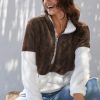 Brown White Zip Neck Oversize Fluffy Fleece Pullover