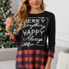 Christmas Letter Print Red Plaid Cuffs And Hem Long Sleeve Top