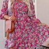 Purple Smocked V Neck Puffy Sleeve Floral Dress