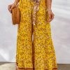 Yellow Floral Print Lace-up Belt High Waist Wide Leg Pants