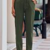 Dark Green Drawstring Elastic Waist Pockets Long Straight Legs Pants