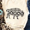 White Western Aztec Cow Graphic Print Crewneck T Shirt