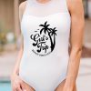 White Plant Letter Print Cut-out Sleeveless One-piece Swimsuit