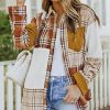 Orange Plaid Color Block Patchwork Shirt Jacket With Pocket