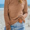 Khaki Waffle Knit Drop Shoulder Long Sleeve Top