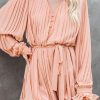 Pink Pleated Ruffled Tie Waist Buttons V Neck Romper