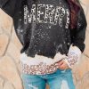 Black Leopard Bleached Merry Letter Print Sweatshirt