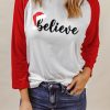 Red Believe Christmas Hat Color Block Long Sleeve Top