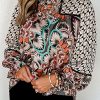 Black Mixed Floral Geometric Print Ruffled Long Sleeve Blouse