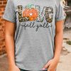 Gray Love Fall Y'all Pumkin Leopard T Shirt