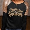 Black Cider Season Graphic Sequin Shoulder Patch Top