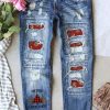 Sky Blue Merry Christmas Tree Leopard Patchwork Distressed Jeans