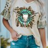 Khaki Turquoise Steer Skull Leopard Graphic Crewneck T Shirt