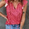 Red Frilled Spilt V Neck Leopard Ruffled Top