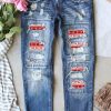 Sky Blue Christmas Pattern Splicing Mid Rise Distressed Jeans