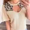 Apricot Leopard Patchwork Waffle Knit Cut Out Short Sleeve T Shirt