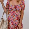 Pink Square Neck Short Puff Sleeves Floral Dress