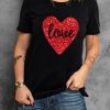 Black Love Heart Shaped Glitter Print Short Sleeve T Shirt