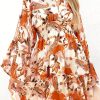 Orange High Waist Bell Sleeve Ruffled Floral Mini Dress